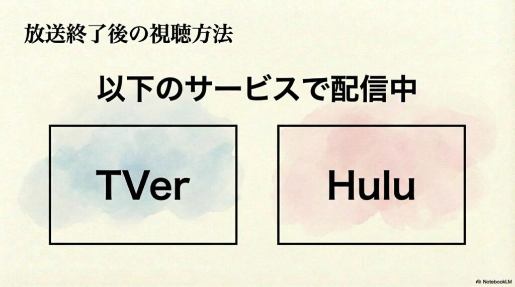 放送終了後の視聴方法、TVerやHuluなどのサービスで配信中