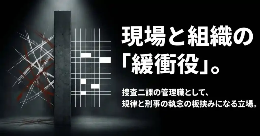 捜査二課における羽場理事官の立ち位置。現場と組織の緩衝役であり、規律と刑事の執念の板挟みになる管理職としての役割。
