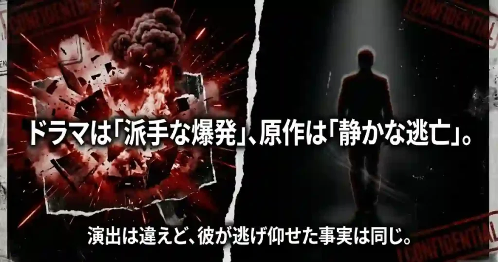 ドラマは派手な爆発、原作は静かな逃亡だが、彼が逃げ仰せた事実は同じ