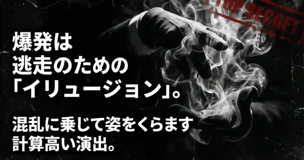 混乱に乗じて姿をくらます計算高い演出としての爆発イリュージョン説
