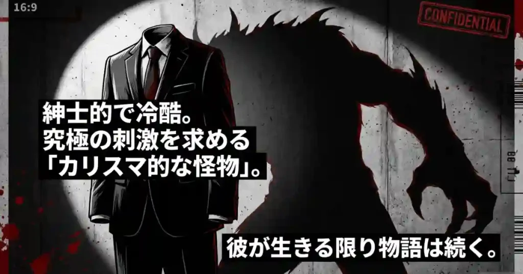 紳士的で冷酷、究極の刺激を求めるカリスマ的な怪物、彼が生きる限り物語は続く