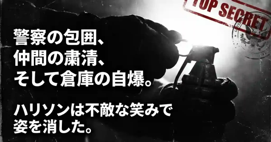 警察の包囲と仲間の粛清、そして倉庫の自爆により姿を消したハリソン山中