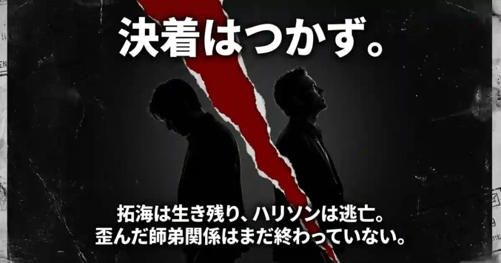 決着はつかず拓海は生存しハリソンは逃亡、歪んだ師弟関係は終わっていない
