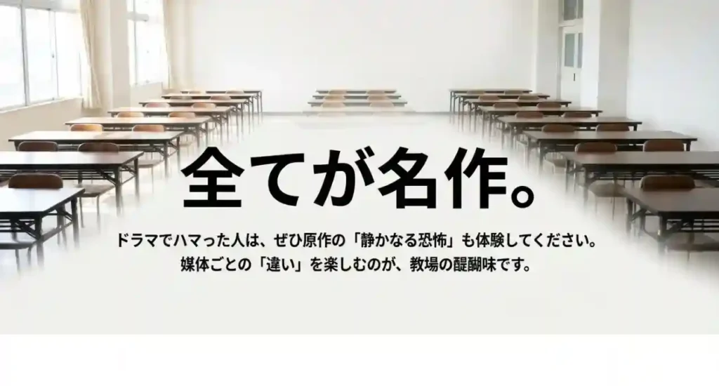 小説（心理戦）、漫画（視覚演出）、ドラマ（エンタメ性）で異なる重視ポイントの図解