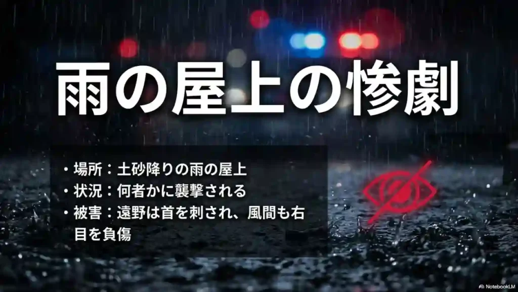 雨の屋上の惨劇 土砂降りの中で何者かに襲撃され遠野と風間が負傷