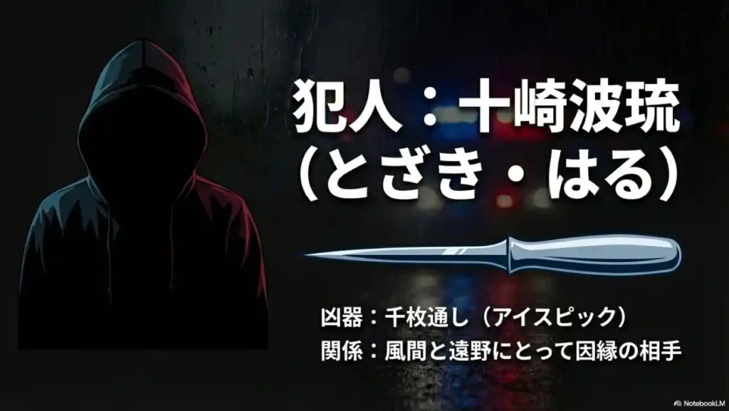 犯人は十崎波琉 凶器は千枚通し（アイスピック） 風間と遠野の因縁の相手