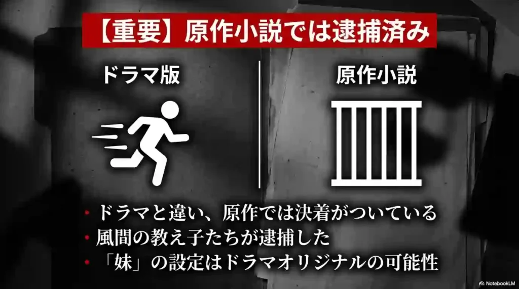 重要：原作小説では逮捕済み。ドラマと違い原作では決着がついており、「妹」の設定はドラマオリジナルの可能性がある点の比較解説