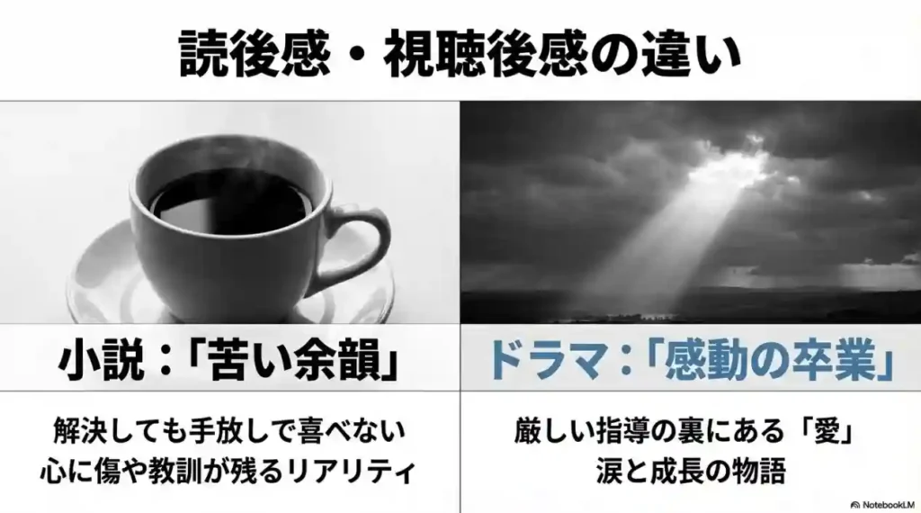 小説の「苦い余韻」とドラマの「感動の卒業」による視聴後感の比較表