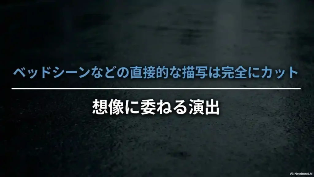 直接的なベッドシーンの描写はカットされ、視聴者の想像に委ねる演出がなされていることを解説するスライド