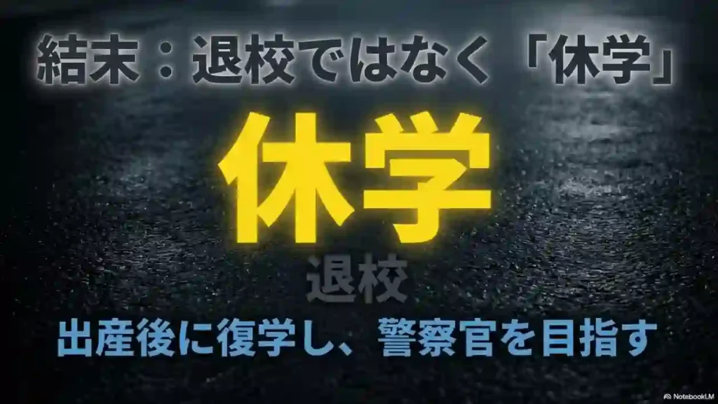 結末として退校ではなく休学を選び、出産後に復学して警察官を目指すことを強調したスライド