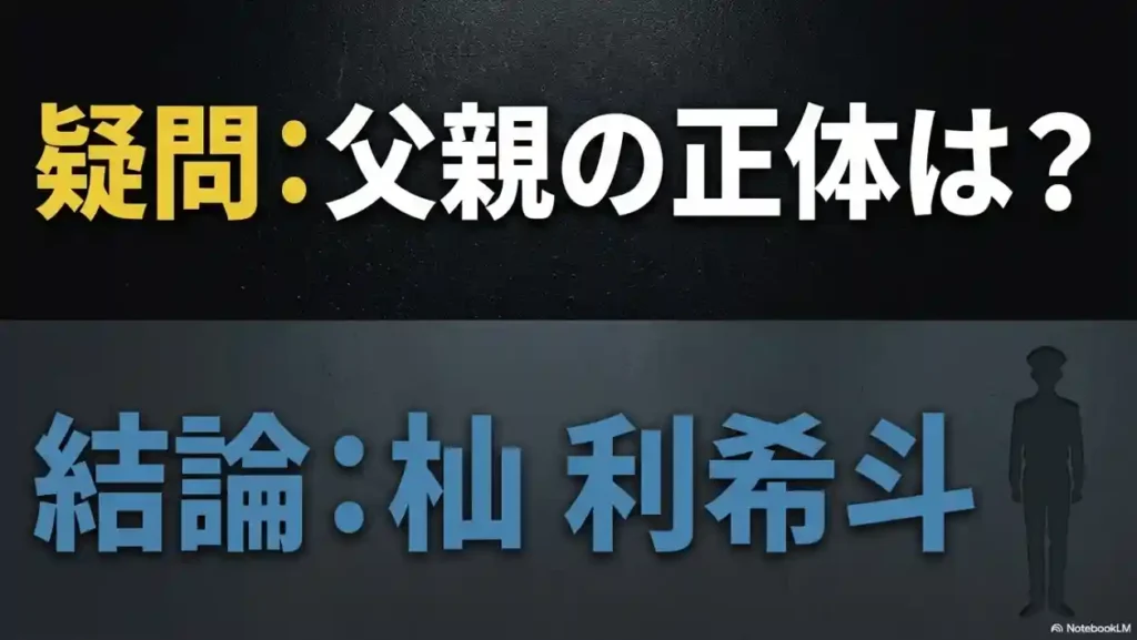 父親の正体は誰かという疑問に対し、結論として杣利希斗（目黒蓮）であることを示すスライド