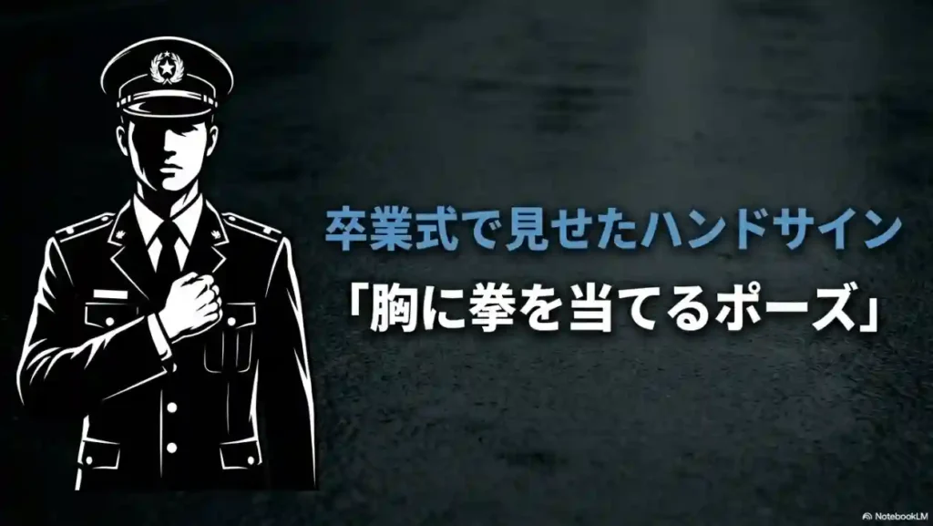 卒業式で杣が見せた、胸に拳を当てるハンドサインのポーズを紹介するスライド