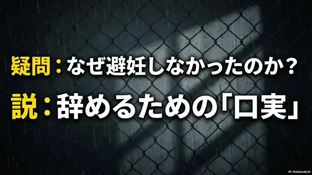 なぜ避妊しなかったのかという疑問に対し、警察学校を辞めるための口実だったのではないかという説を解説するスライド