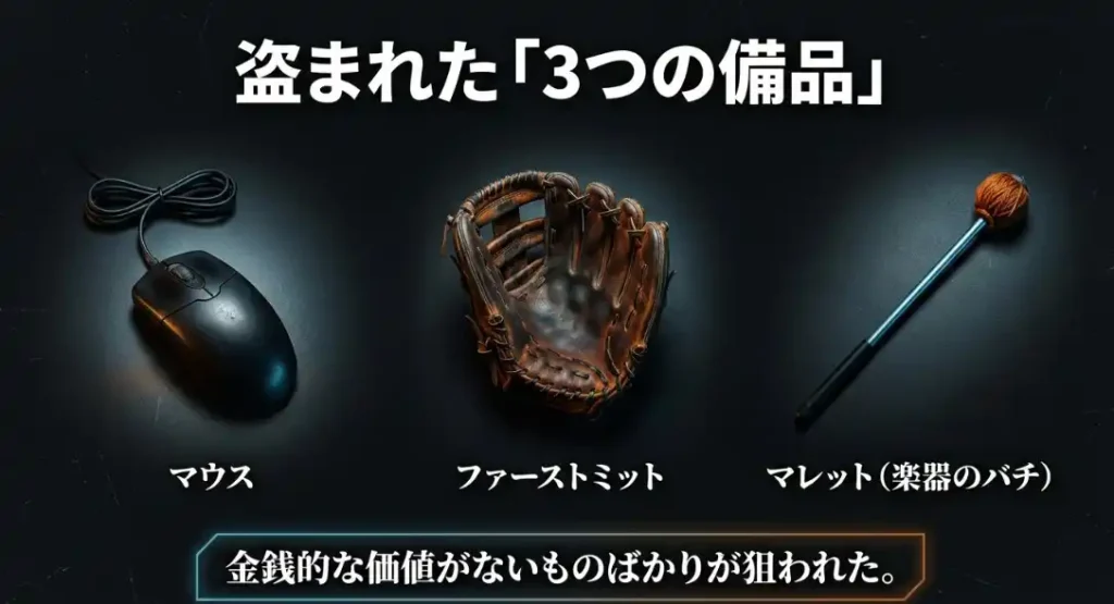 マウス・ファーストミット・マレットが並ぶ盗品の一覧