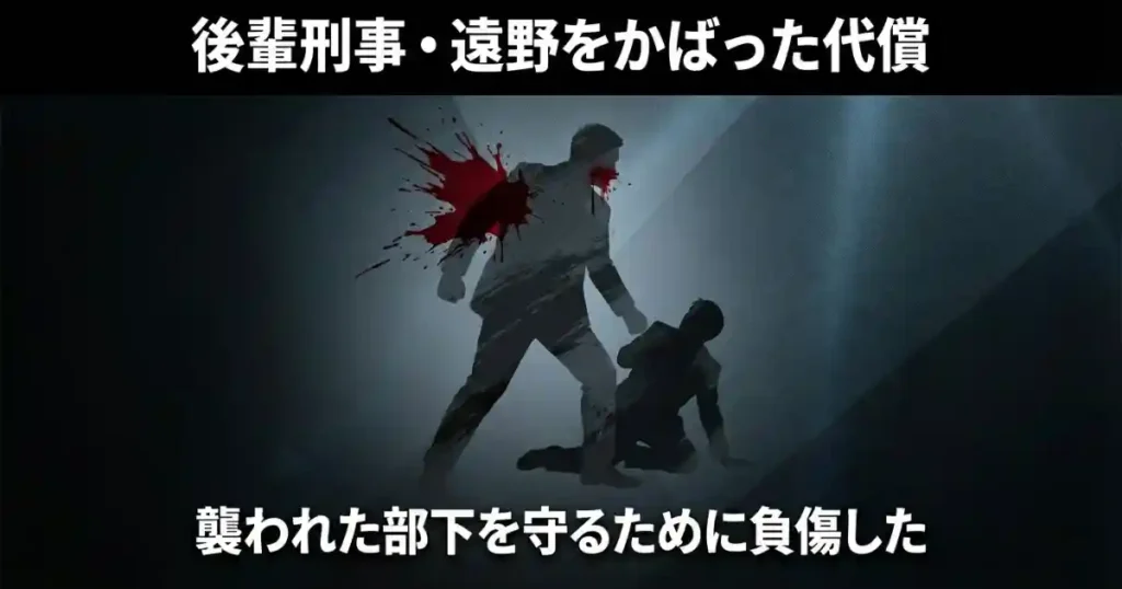 襲われた部下を守るために負傷し、後輩刑事の遠野をかばった代償であることを説明する画像