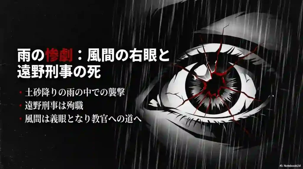雨の惨劇スライド：土砂降りの雨の中での襲撃により遠野刑事は殉職、風間は義眼となり教官への道へ進む経緯