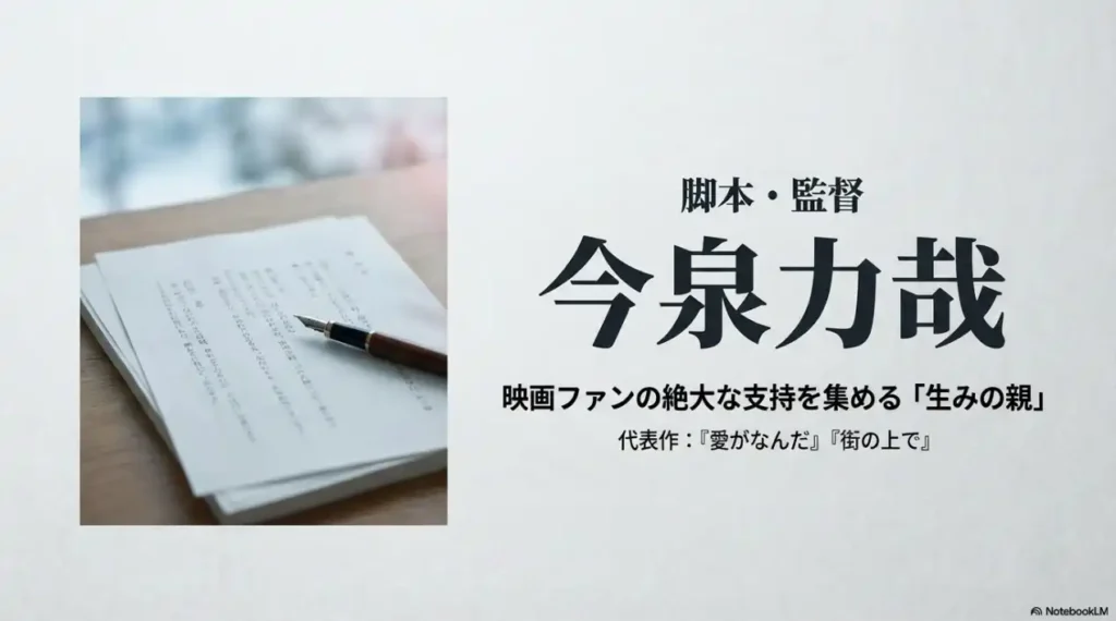 脚本・監督の今泉力哉紹介スライド。映画ファンに支持される「生みの親」であり、代表作は『愛がなんだ』『街の上で』。