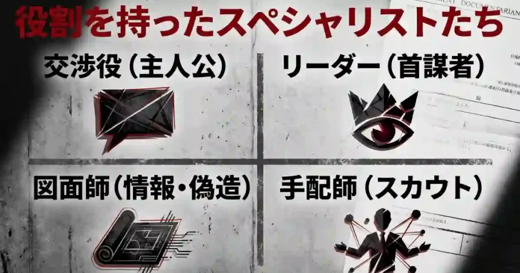 交渉役、リーダー、図面師、手配師など、地面師グループの役割を持ったスペシャリストたちを示す画像