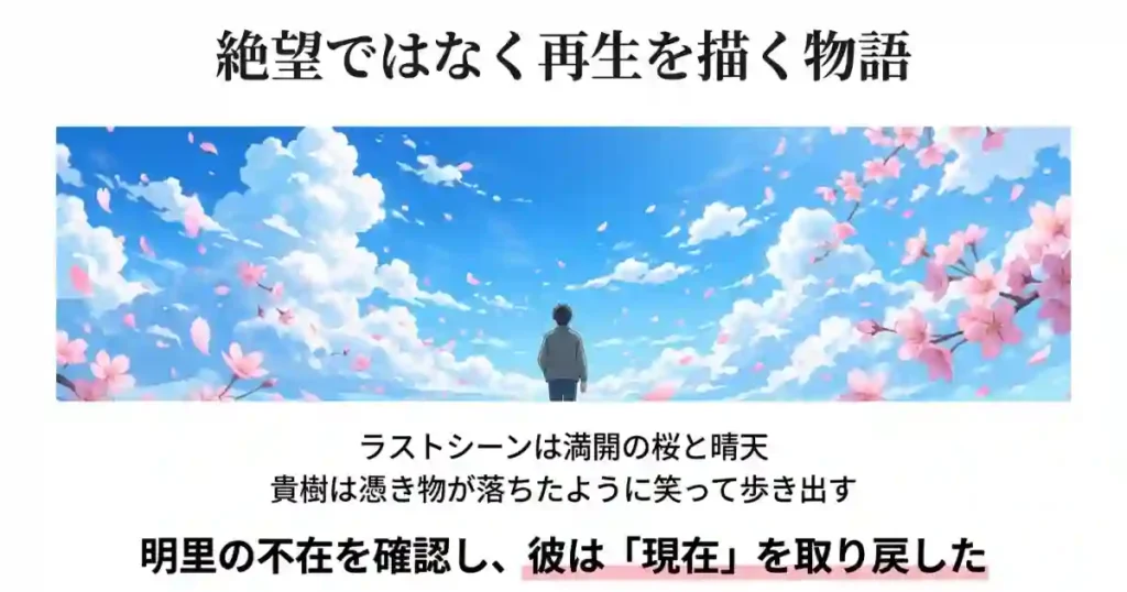 満開の桜と青空の下、貴樹が笑顔で歩き出すラストシーンの解説スライド
