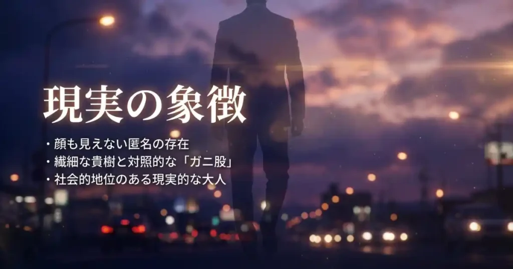 顔の見えない匿名の存在として描かれるアニメ版の結婚相手。「ガニ股」という身体的特徴が、貴樹とは対照的な現実的な大人であることを示唆している解説画像