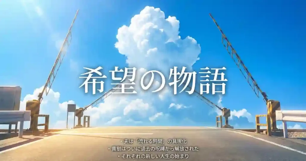結婚相手を「流れる時間」の具現化と捉え、貴樹が過去の呪縛から解放されてそれぞれの新しい人生が始まることを示す、希望をテーマにした解説画像