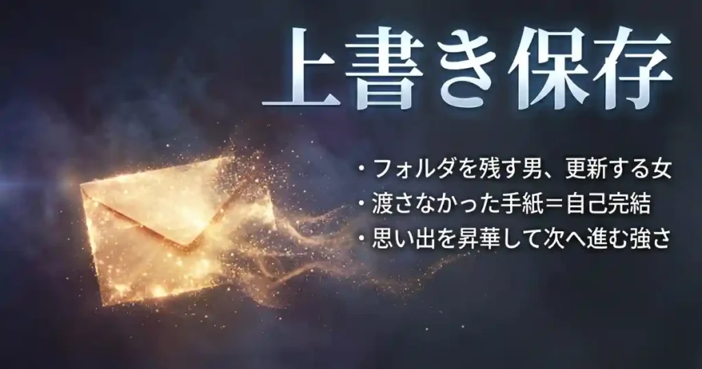 過去を上書き保存する女性心理と、手紙を出さず自己完結することで思い出を昇華させた明里の強さを解説した画像