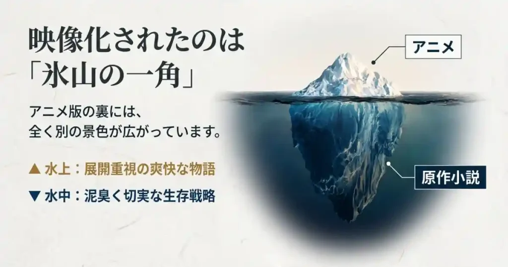 アニメ版は展開重視の「水上」の物語、原作小説は泥臭い生存戦略を描く「水中」の物語として対比させたイメージ図
