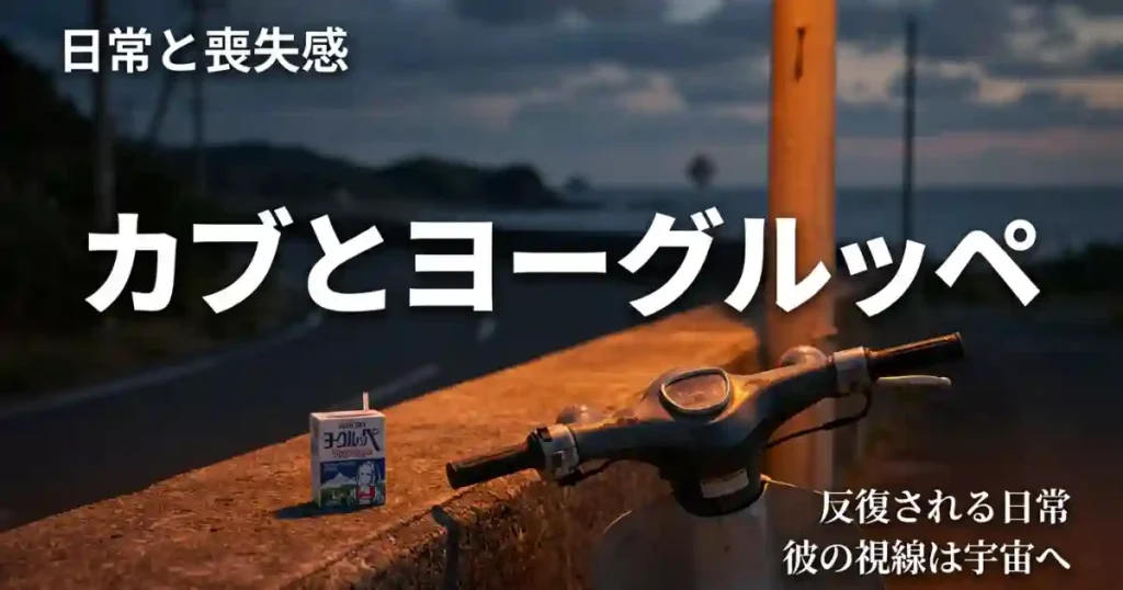 種子島の日常を示すスーパーカブとヨーグルッペ、宇宙を向く貴樹との対比を示す図
