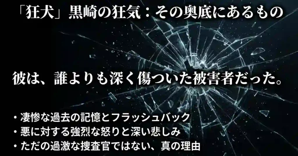 捜査官・黒崎が抱える凄惨な過去の記憶と、悪に対する怒りの理由を説明するスライド