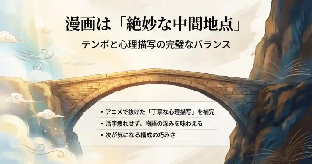 アニメでカットされた心理描写を補完しつつ、活字疲れせずに深みを味わえる漫画版のバランスの良さを解説するスライド