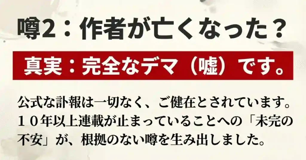 雁屋哲さんや花咲アキラさんの作者死亡説は根拠のないデマであり、ご健在であることを示すスライド