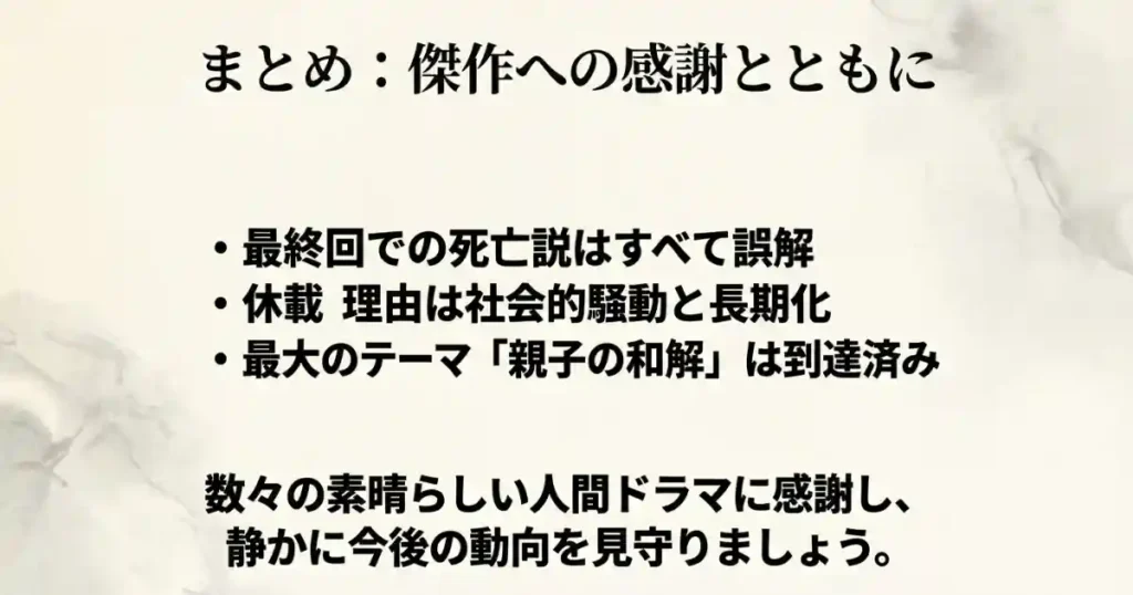 最終回での死亡説の否定、休載理由、親子の和解など記事のポイントをまとめたスライド