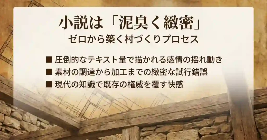 小説版の特徴として、ゼロからの村づくりプロセスや緻密な試行錯誤、感情の揺れ動きを丁寧に描いていることを示すスライド