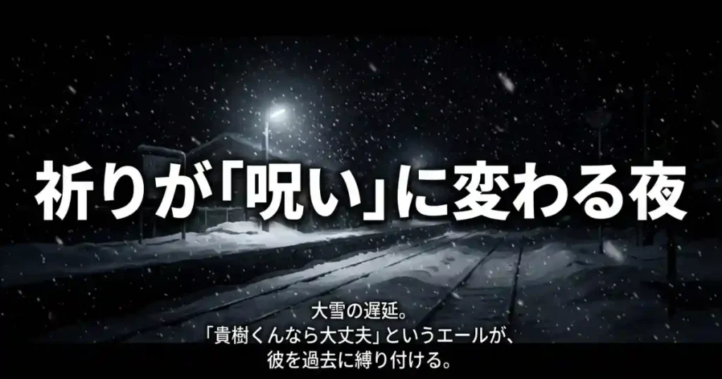 大雪による遅延と、明里の「貴樹くんなら大丈夫」というエールが彼を過去に縛り付ける「呪い」に変わったことを示すスライド。