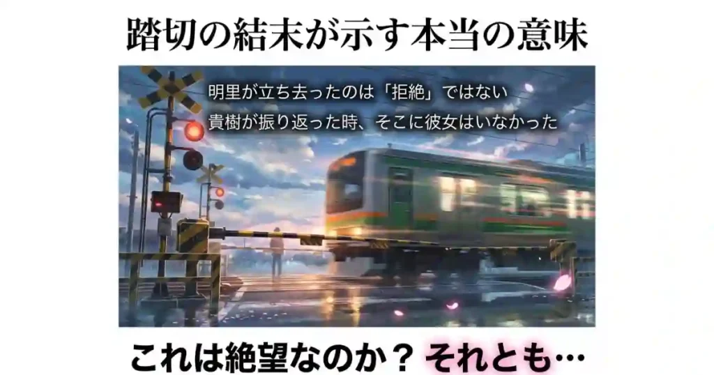 電車が通り過ぎる踏切の風景と、明里の不在は拒絶ではないことを示すスライド