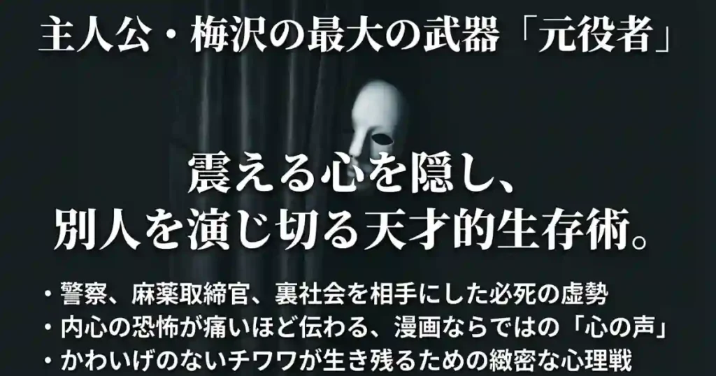 役者の経験を活かし、内心の恐怖を隠して別人を演じ切る主人公・梅沢の心理戦についての解説