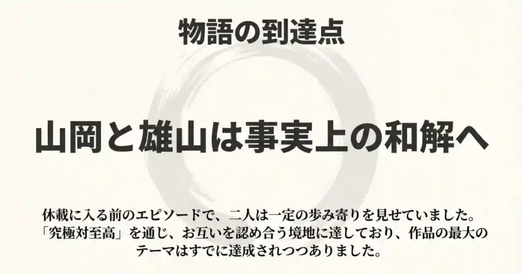 山岡と雄山が究極対至高を通じて歩み寄り、事実上の和解に達した物語の到達点